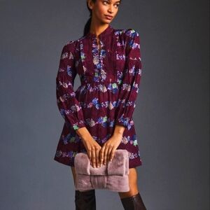 By Anthropology Mini tunic dress purple floral fit flare long sleeves size XS